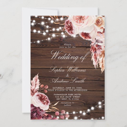 Bohemische Rose Rustikale Hochzeit Einladung (Vorderseite)