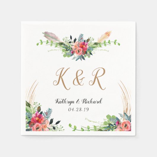 Bohemische Rustikale Floral-Aquarell-Monogramm-Hoc Serviette (Vorderseite)