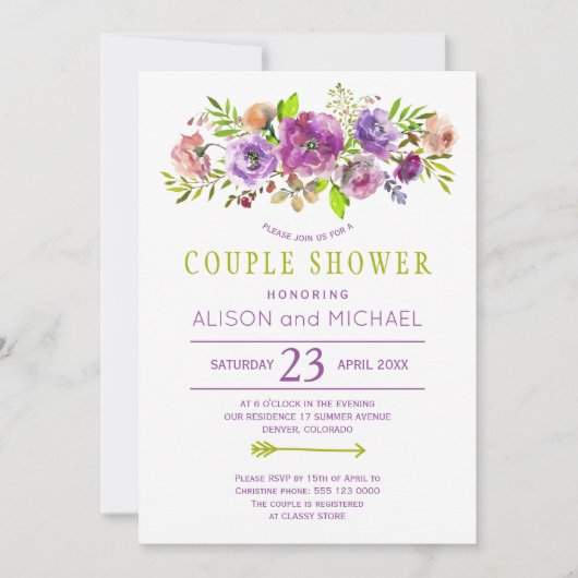 Bohemische rustikale, lila grüne Blumendusche Einladung (Vorderseite)