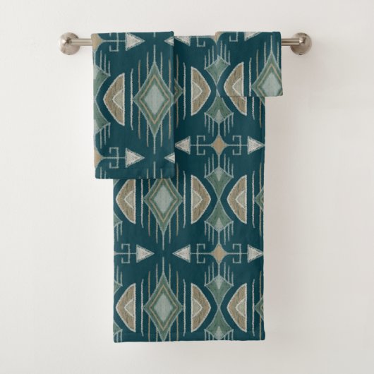 Bohemische Stammespfeile, Aquamarin, Olivenöl, Alt Badhandtuch Set (Insitu)