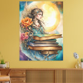 Bohemische Stildame, Mond, Blume und Bücher Leinwanddruck (Insitu (Wohnzimmer))