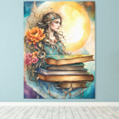 Bohemische Stildame, Mond, Blume und Bücher Leinwanddruck (Insitu (Holzboden))