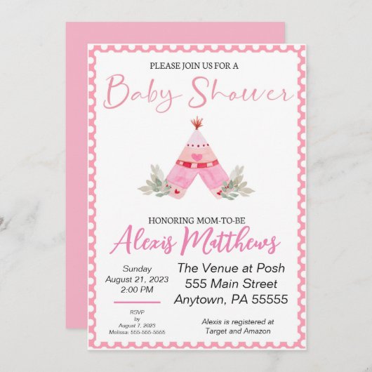 Bohemische Teepee Baby Dusche einladen Einladung (Vorne/Hinten)
