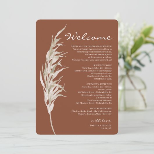 Bohemische Terracotta Hochzeit Willkommensreise Programm (Stehend Vorderseite)