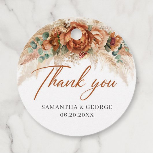 Bohemische tropische Terracotta-Blume Palmenhochze Geschenkanhänger (Rückseite)