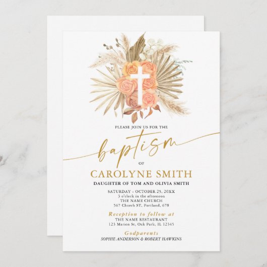 Bohemische und Pampas Grass Taufe Einladung (Vorne/Hinten)