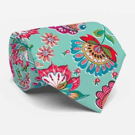 Bohemische Volkskunst Blumenmuster Türkis Hochzeit Krawatte (Gerollt)