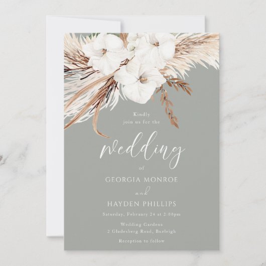 Bohemische weiße Blume zeigen Grüne Hochzeit Einladung (Vorderseite)