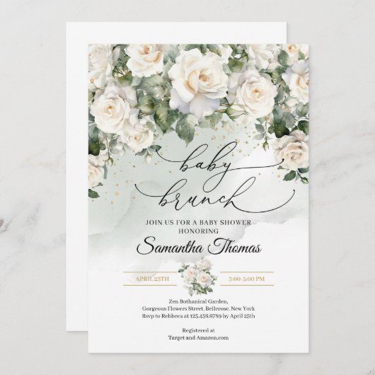 Bohemische Weißrosen und Eukalyptus-Babybrunch Einladung (Vorne/Hinten)