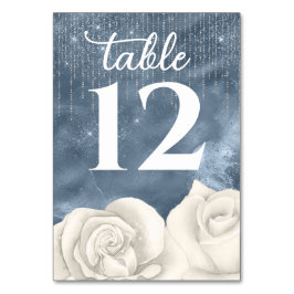 Bohemische White Rose Dusty Blue und Silver Weddin Tischnummer