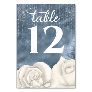 Bohemische White Rose Dusty Blue und Silver Weddin Tischnummer