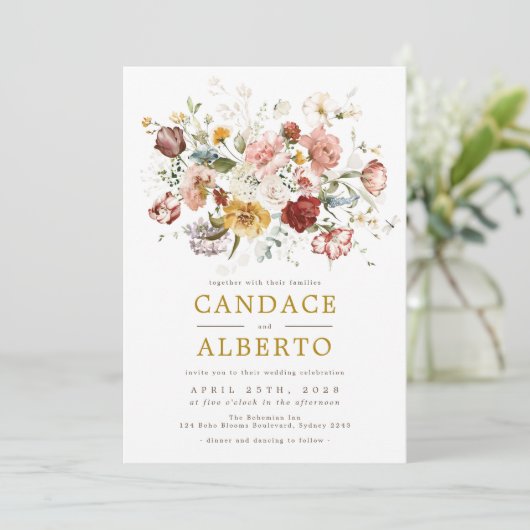 Bohemische Wildblume Garten Hochzeit Einladung (Stehend Vorderseite)