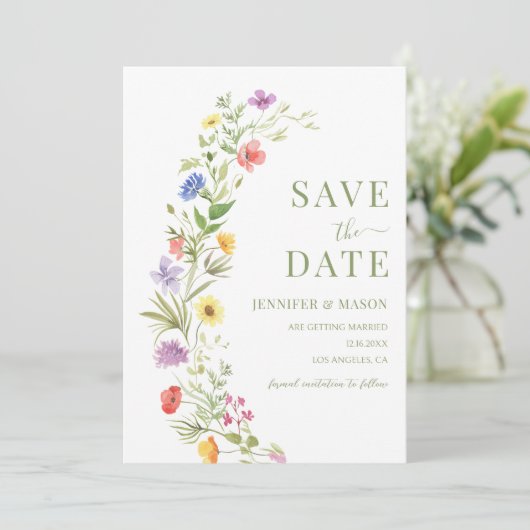 Bohemische Wildblume Kranz Save the Date Einladung (Stehend Vorderseite)