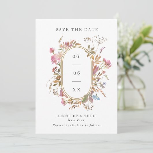 Bohemische Wildblume Pille Rahmen Hochzeitsstift F Save The Date (Stehend Vorderseite)