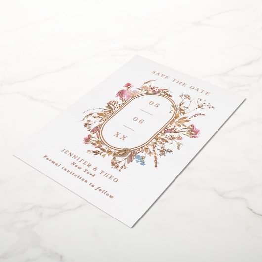 Bohemische Wildblume Pilzrahmen Hochzeitskeil Foto Folieneinladung (Gedreht)