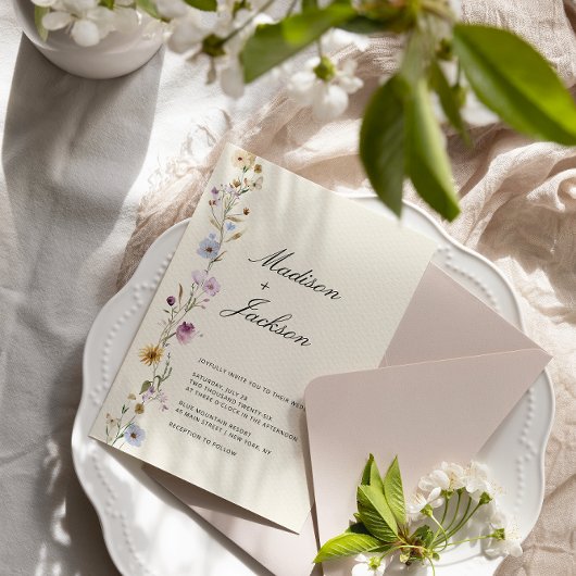 Bohemische Wildblumen Elegante Kalligraphie Hochze Einladung