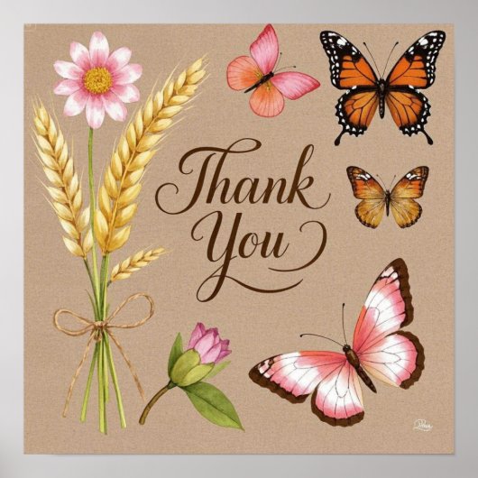 Bohemische Wildblumen, Schmetterlinge, Weizenhalme Poster (Vorne)