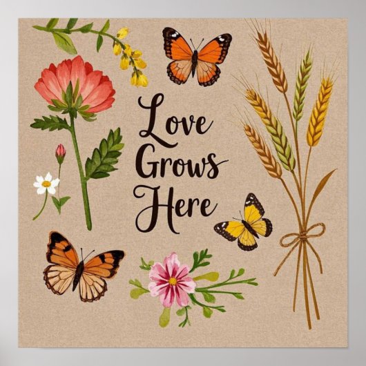 Bohemische Wildblumen, Schmetterlinge, Weizenhalme Poster (Vorne)