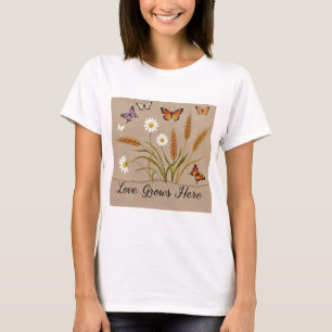 Bohemische Wildblumen, Schmetterlinge, Weizenhalme T-Shirt