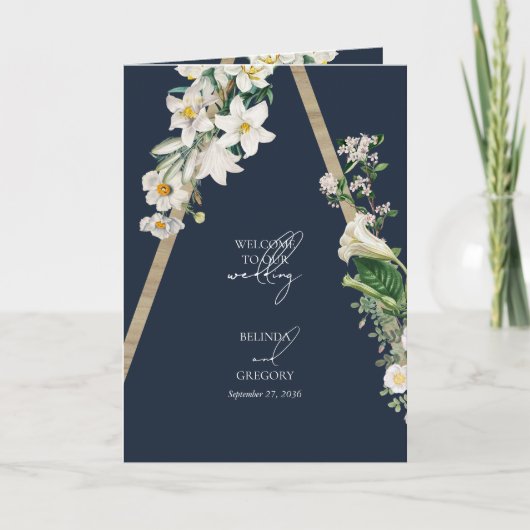 Bohemische Wood Floral Blue Hochzeitsorden Programm (Vorderseite)