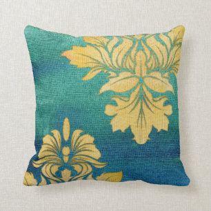 Bohemische Wüste BOHO Blue Gold Damask Blätter Art Kissen
