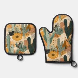 Bohemische Wüstensekaktus und Blumenmuster Ofenhandschuh & Topflappen-Set