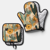 Bohemische Wüstensekaktus und Blumenmuster Ofenhandschuh & Topflappen-Set (Vorderseite/Rückseite)