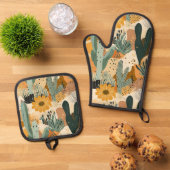 Bohemische Wüstensekaktus und Blumenmuster Ofenhandschuh & Topflappen-Set (Oben Unten)
