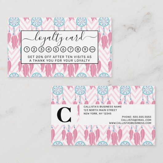 Bohemischer Aquamariner rosafarbener Dreamcatcher Treuekarte (Vorne/Hinten)