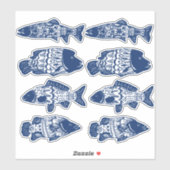 Bohemischer blauer Blütenfisch Gemustert Aufkleber (Blatt)