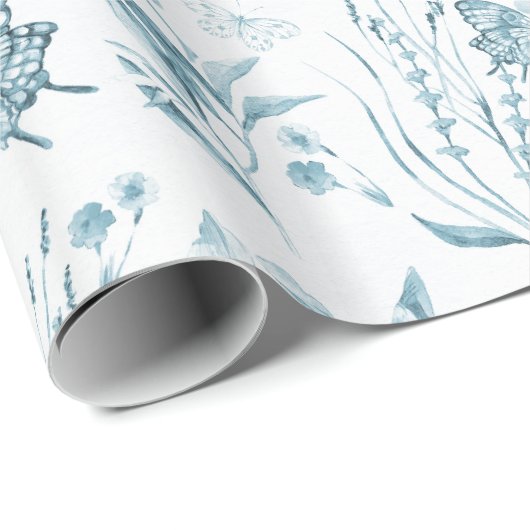 Bohemischer blauer Vintager Pastellschmetterling Geschenkpapier (Rolleneckpunkt)