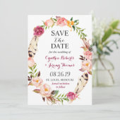 Bohemischer Blumenschreath Feather Boho Save the D Save The Date (Stehend Vorderseite)