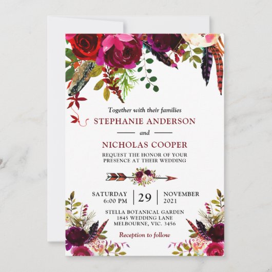 Bohemischer Boho Bordo Einladung (Vorderseite)