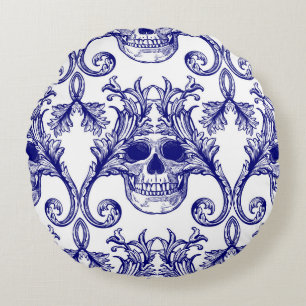 Bohemischer Damast, Totenkopf nahtloses Ornament. Rundes Kissen