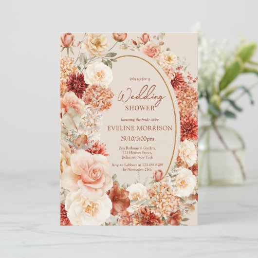 Bohemischer, farbiger Fall blumenreicher Polterabe Einladung (Stehend Vorderseite)