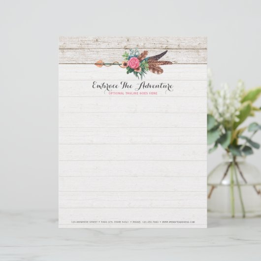 Bohemischer Feder-Pfeil u. Rose auf rustikalem Briefkopf (Stehend Vorderseite)