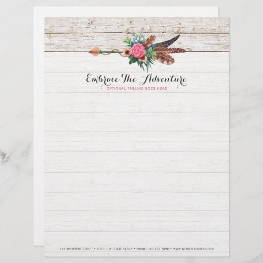 Bohemischer Feder-Pfeil u. Rose auf rustikalem Briefkopf (Vorne/Hinten)