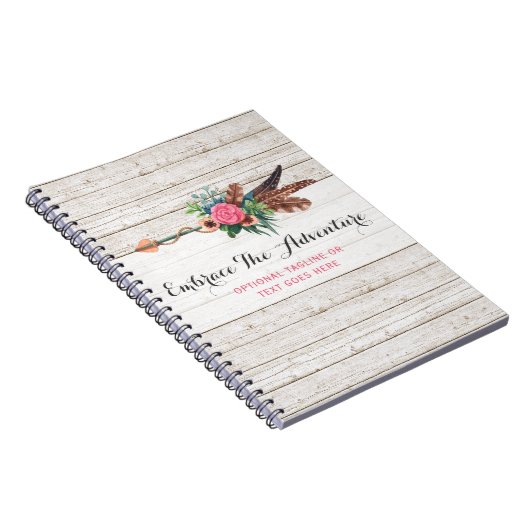 Bohemischer Feder-Pfeil u. Rose auf rustikalem Notizblock (Rechte Seite)