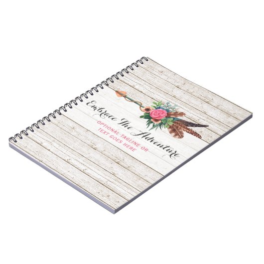 Bohemischer Feder-Pfeil u. Rose auf rustikalem Notizblock (Linke Seite)