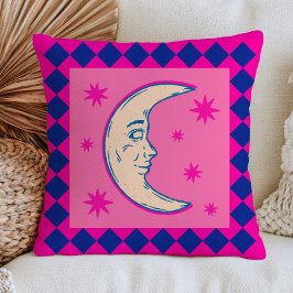 Bohemischer Halbmond Hot Pink & Blau Himmelskörper Kissen
