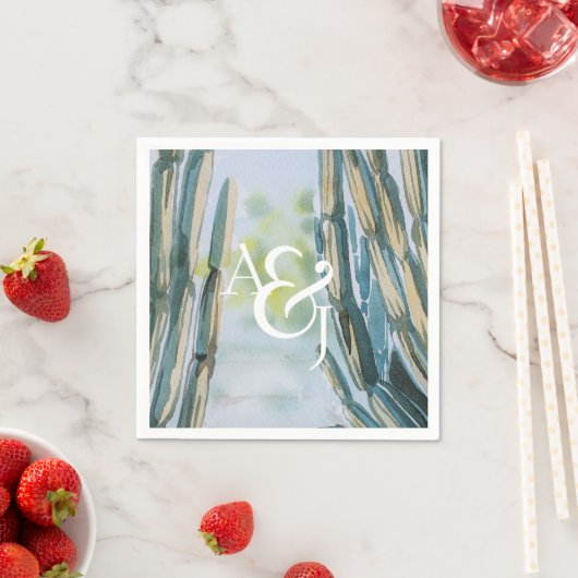 Bohemischer Kaktus Aquarell Grün Personalisiert Serviette (Beispiel)