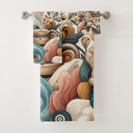 Bohemischer Mix aus aquamarinen, magentafarbenen, Badhandtuch Set