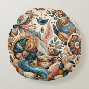 Bohemischer Mix aus aquamarinen, magentafarbenen,  Rundes Kissen