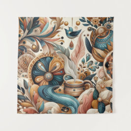 Bohemischer Mix aus aquamarinen, magentafarbenen,  Wandteppich