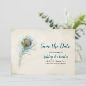 Bohemischer Pfauenfederhalter Elegante Aquamarine  Save The Date (Stehend Vorderseite)
