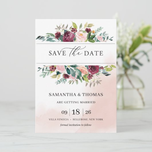 Bohemischer Rosa-Bordeaux-Blumenzauber Einladung (Stehend Vorderseite)