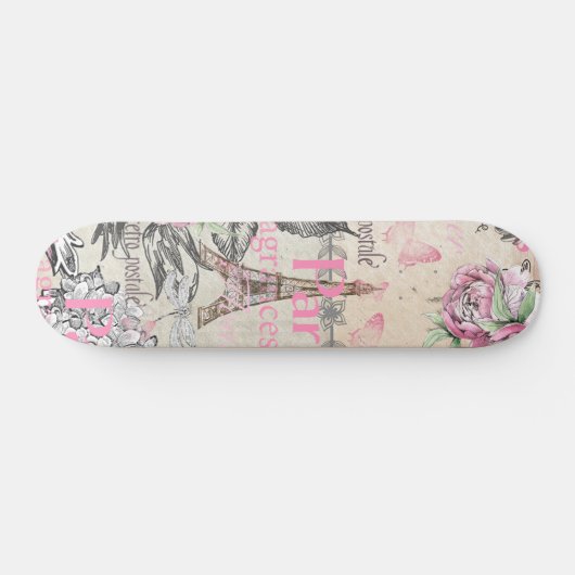 Bohemischer rosa schwarzer Blumenturm paris Eiffel Skateboard (Horizontal)