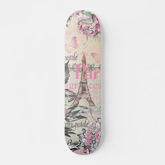Bohemischer rosa schwarzer Blumenturm paris Eiffel Skateboard (Vorne)