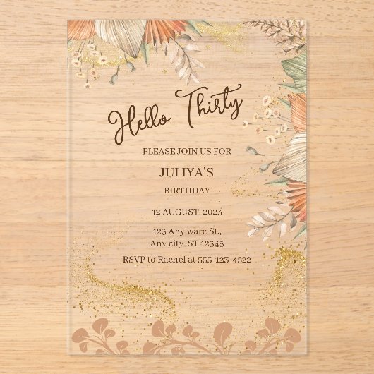 Bohemischer Stil 30. Geburtstag Party Acryleinladungen (Vorderseite)