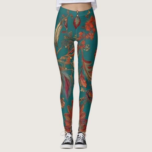 Bohemischer Stil Emerald & Ruby Feather Print Leggings (Vorderseite)